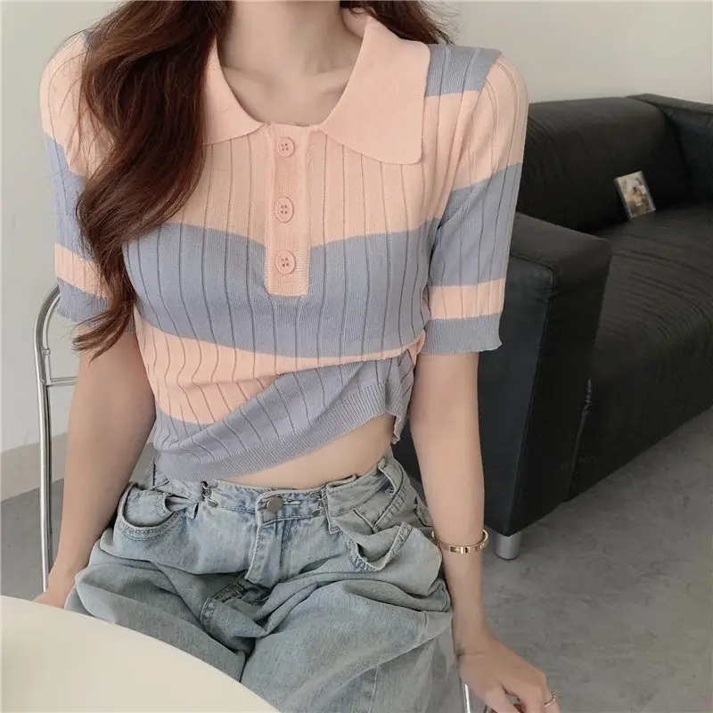 Women Retro Western Lapel T-Shirt Black White Striped — feature 20