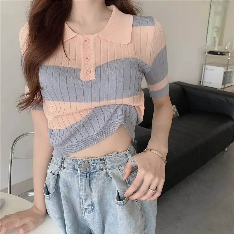 Women Retro Western Lapel T-Shirt Black White Striped — feature 21