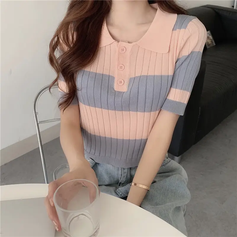 Women Retro Western Lapel T-Shirt Black White Striped — feature 22