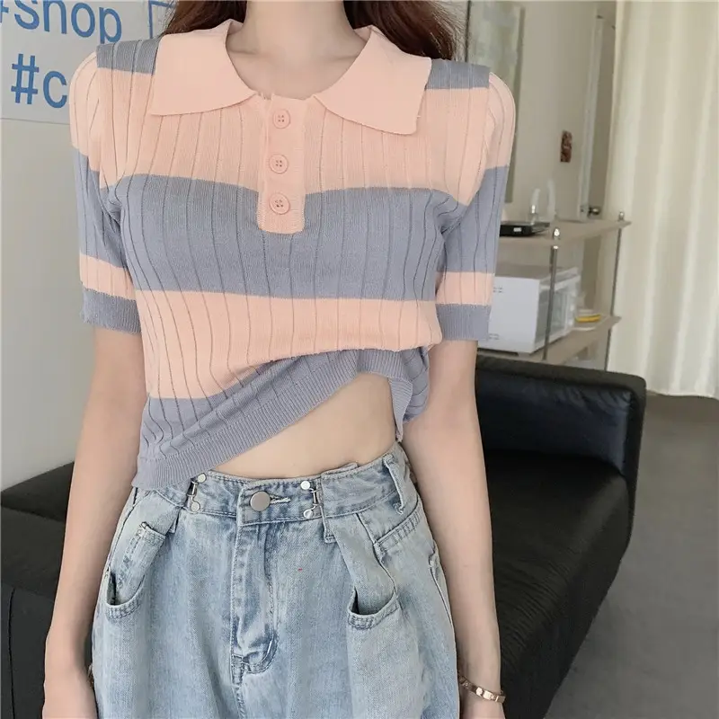 Women Retro Western Lapel T-Shirt Black White Striped — feature 3