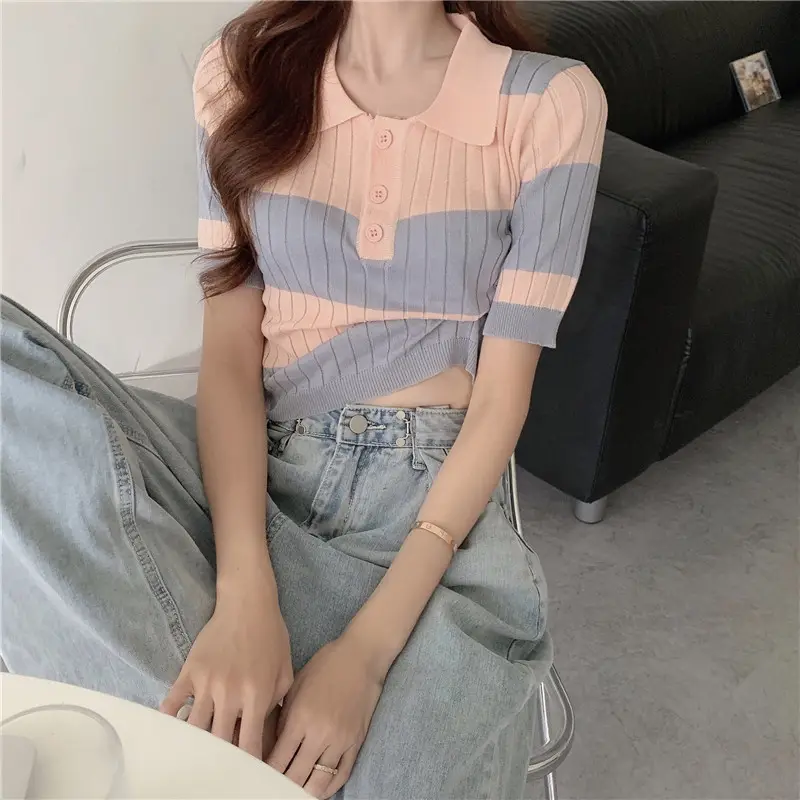 Women Retro Western Lapel T-Shirt Black White Striped — feature 4