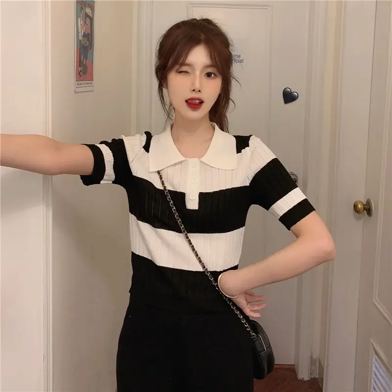Women Retro Western Lapel T-Shirt Black White Striped — feature 6