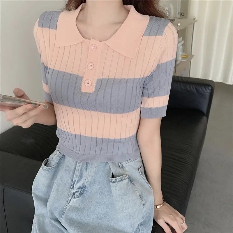 Women Retro Western Lapel T-Shirt Black White Striped - Image 2