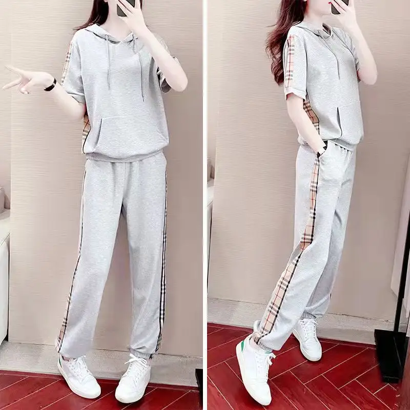 Women Grey Hooded Sweatshirt Sports Suit Summer - Image 8