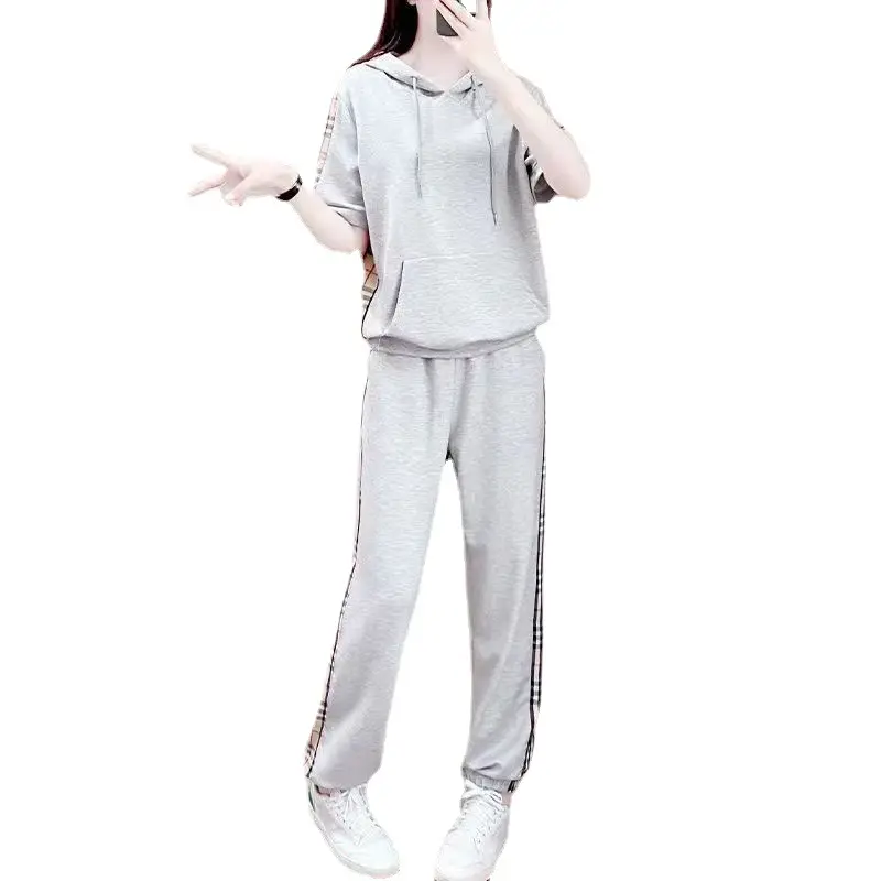 Women Grey Hooded Sweatshirt Sports Suit Summer - Image 11