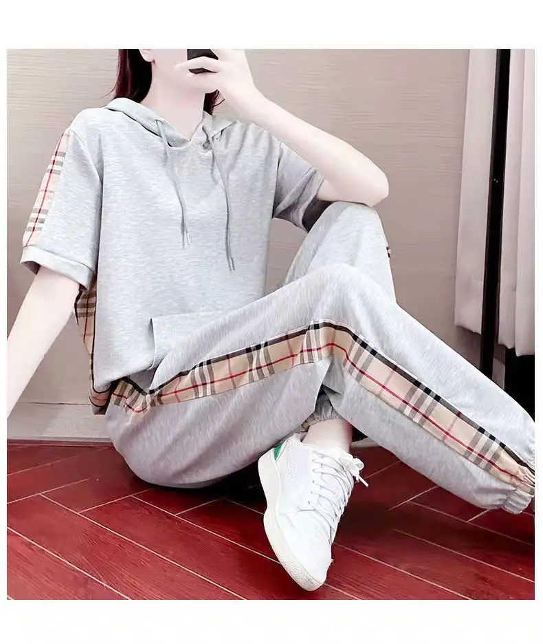 Women Grey Hooded Sweatshirt Sports Suit Summer — feature 11