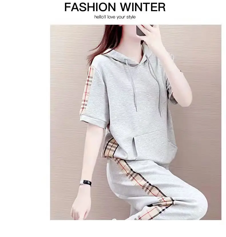 Women Grey Hooded Sweatshirt Sports Suit Summer — feature 12