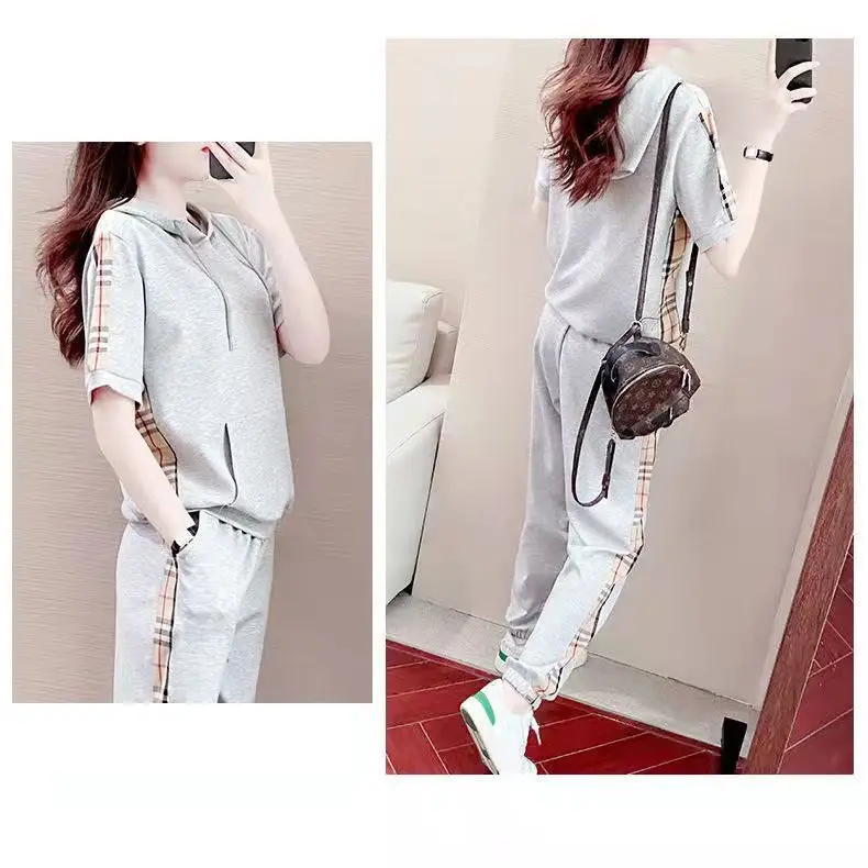 Women Grey Hooded Sweatshirt Sports Suit Summer — feature 2