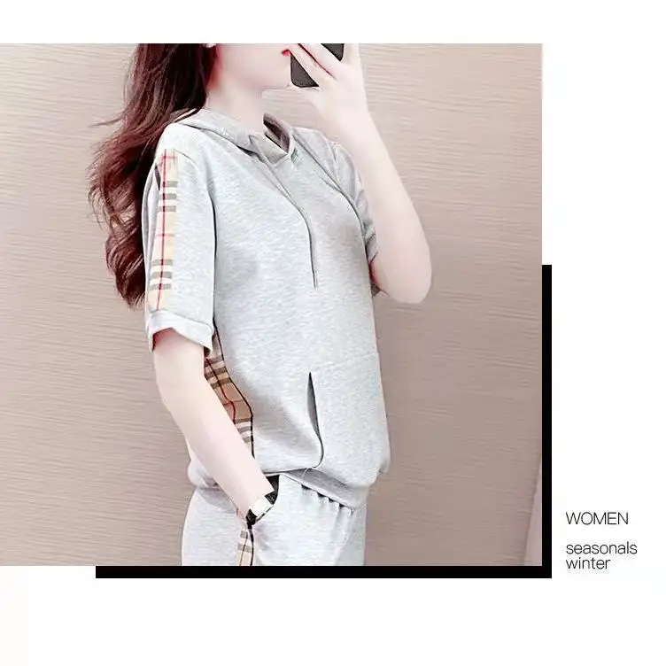 Women Grey Hooded Sweatshirt Sports Suit Summer — feature 4