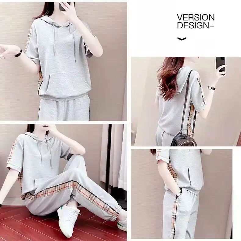 Women Grey Hooded Sweatshirt Sports Suit Summer — feature 6
