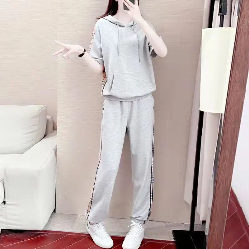 Women Grey Hooded Sweatshirt Sports Suit Summer — feature 8