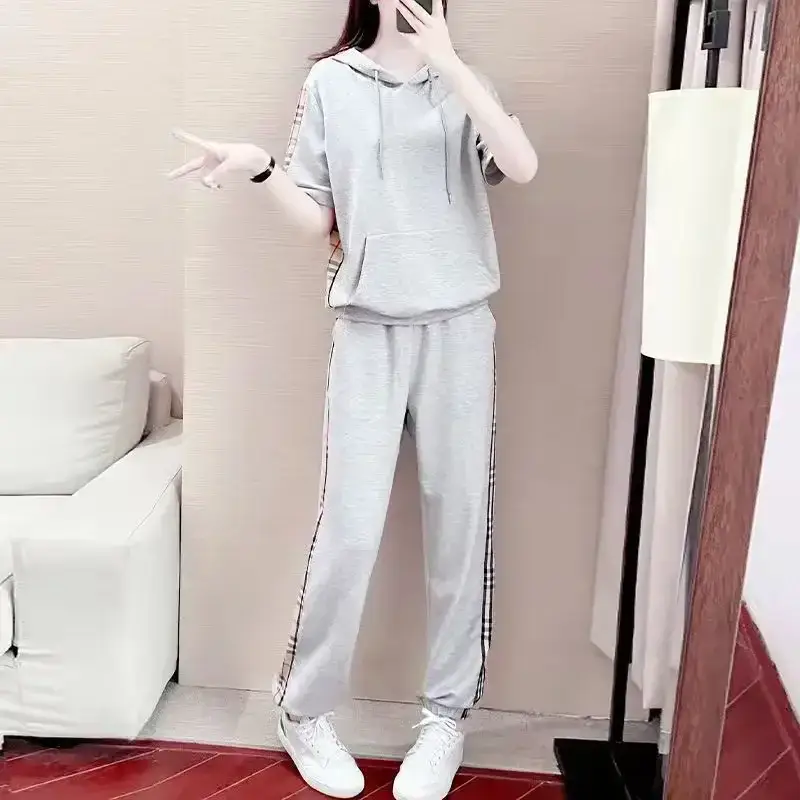 Women Grey Hooded Sweatshirt Sports Suit Summer - Image 5
