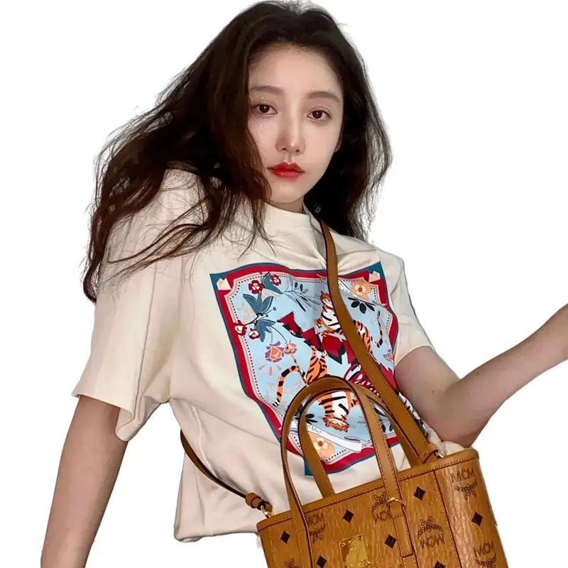 Women Printed Cotton T-Shirt with Brown Bag - Image 5