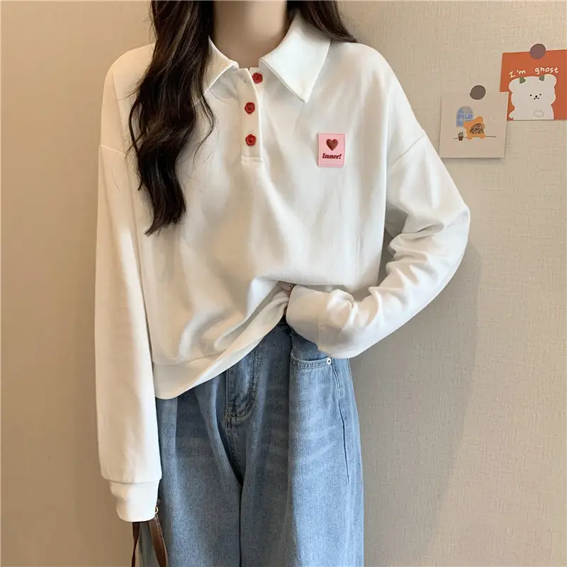 Women Purple Polo Collar Long Sleeve Top - Image 2