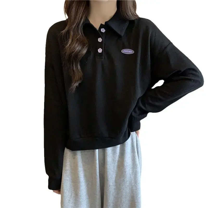 Women Purple Polo Collar Long Sleeve Top - Image 6