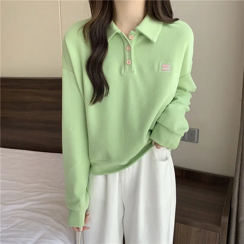 Women Purple Polo Collar Long Sleeve Top — feature 14