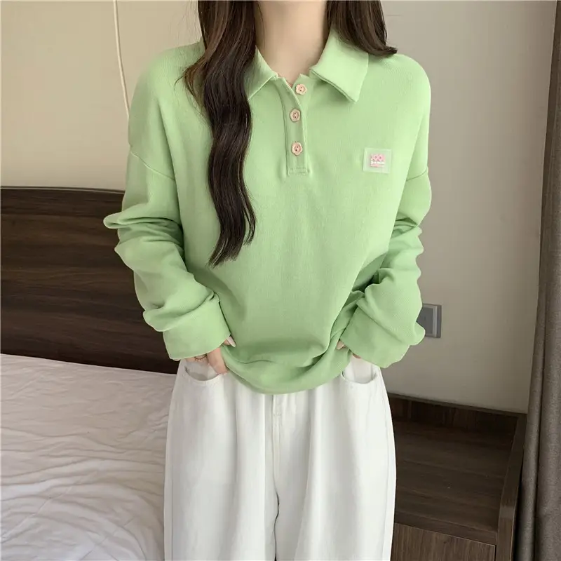 Women Purple Polo Collar Long Sleeve Top — feature 15
