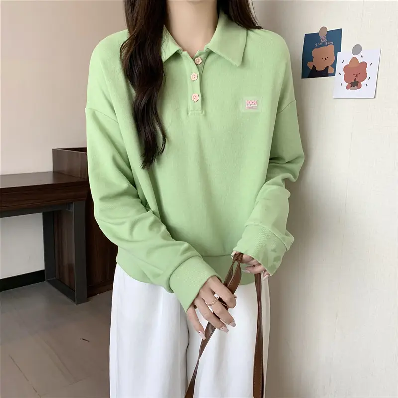 Women Purple Polo Collar Long Sleeve Top — feature 16