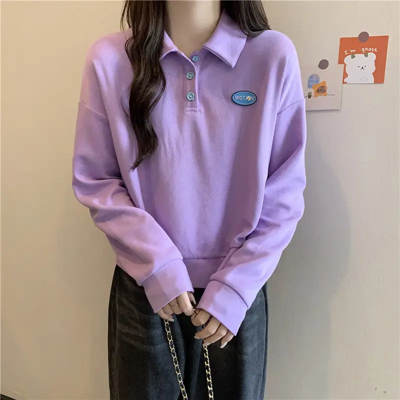 Women Purple Polo Collar Long Sleeve Top — feature 19