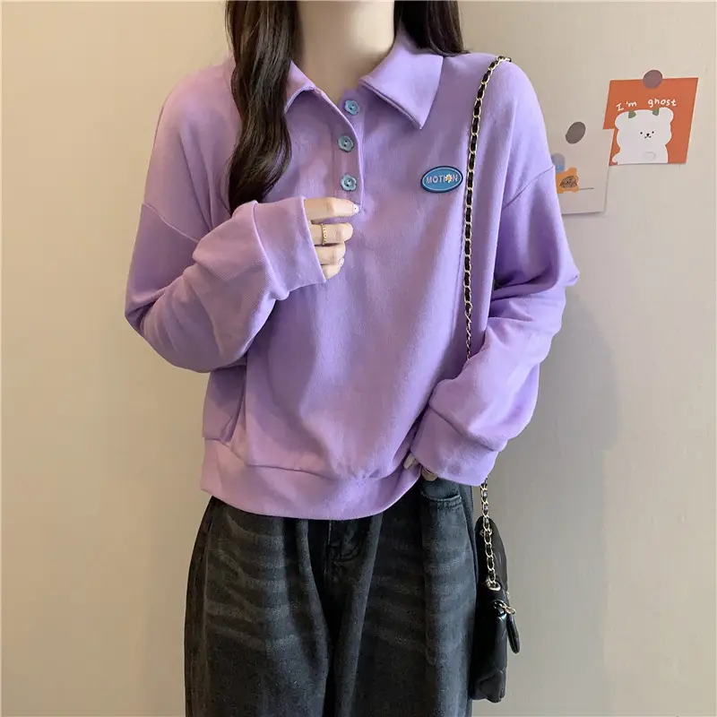 Women Purple Polo Collar Long Sleeve Top — feature 20