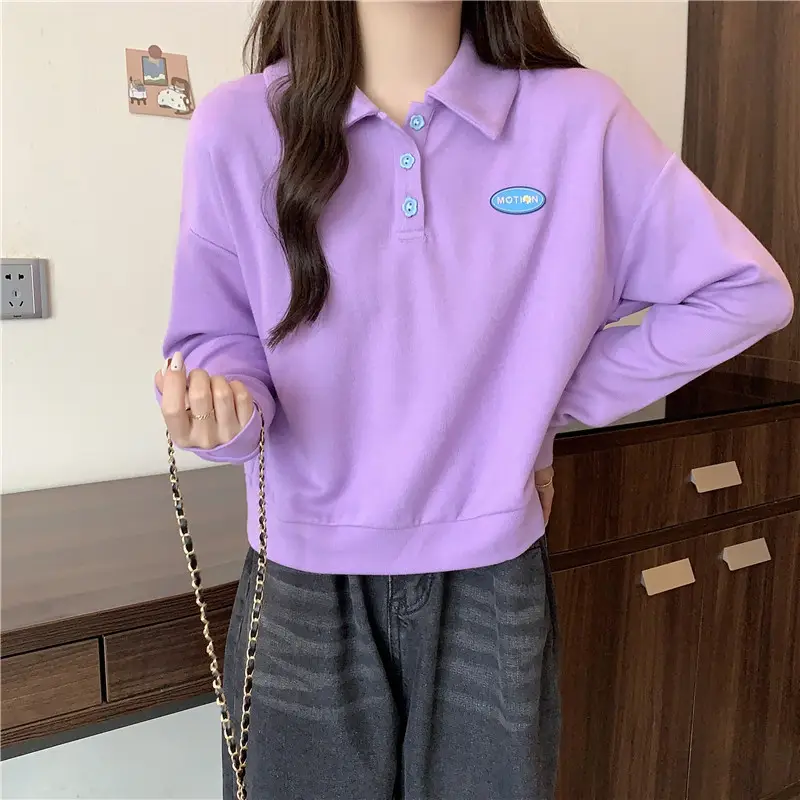 Women Purple Polo Collar Long Sleeve Top — feature 21