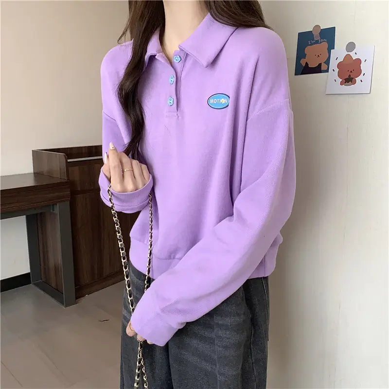 Women Purple Polo Collar Long Sleeve Top — feature 22