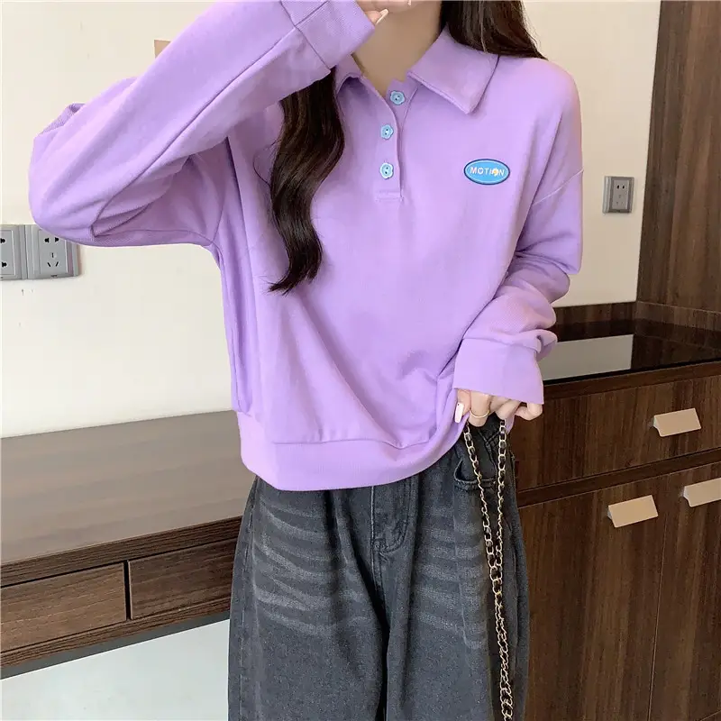 Women Purple Polo Collar Long Sleeve Top — feature 23