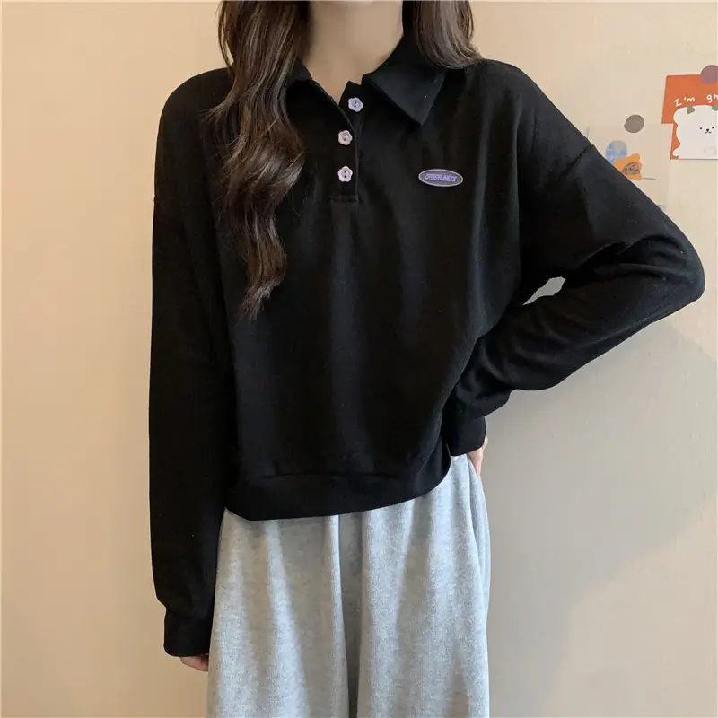 Women Purple Polo Collar Long Sleeve Top — feature 6