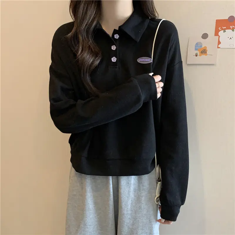 Women Purple Polo Collar Long Sleeve Top — feature 7