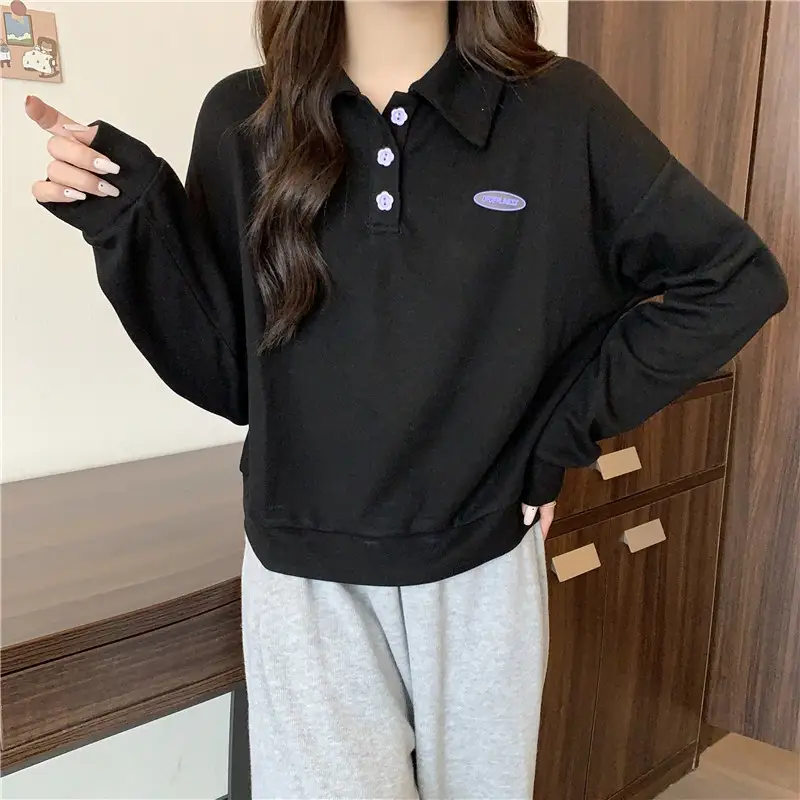 Women Purple Polo Collar Long Sleeve Top — feature 8