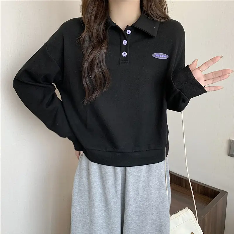 Women Purple Polo Collar Long Sleeve Top — feature 9