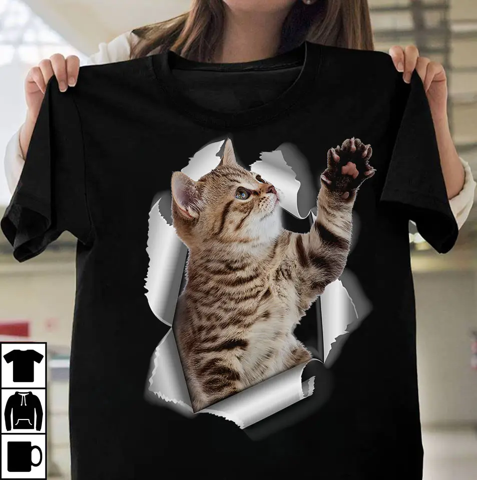 Cat Printed T-Shirt Black Women Men Short Sleeve