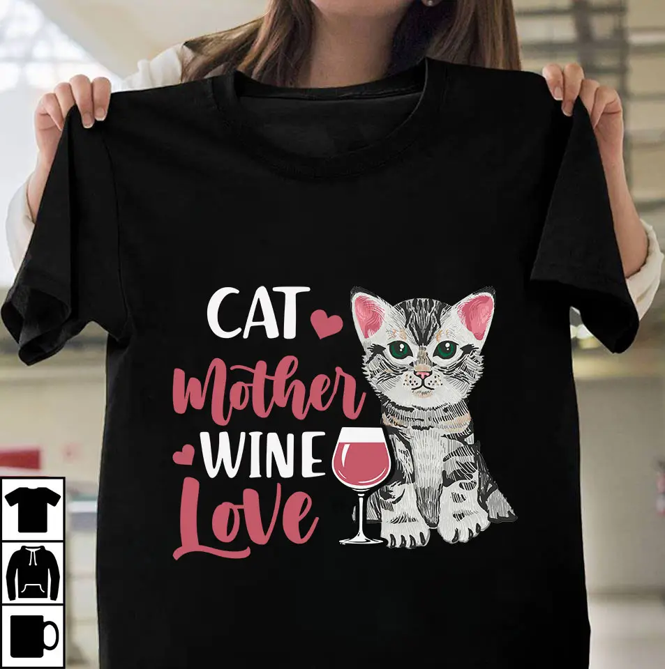Cat Printed T-Shirt Black Women Men Short Sleeve