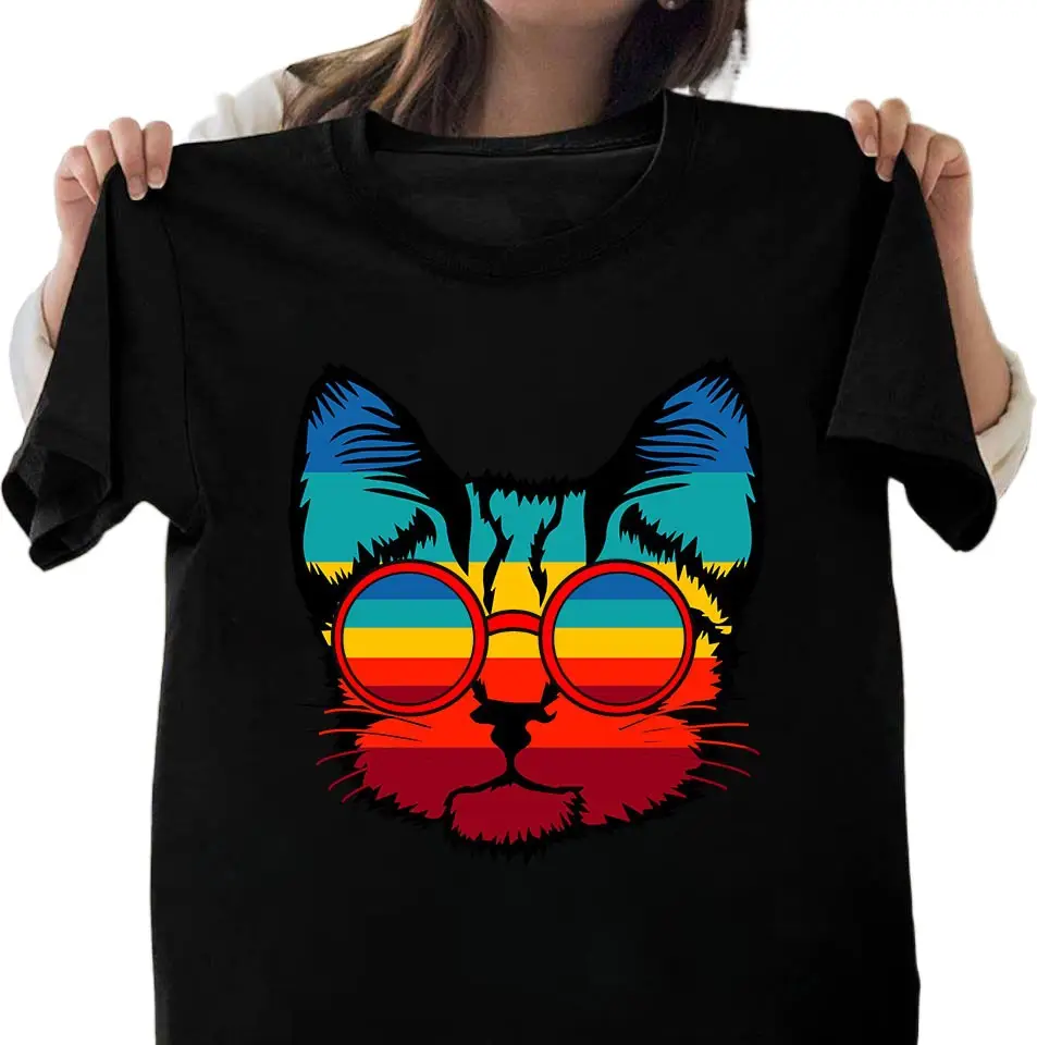 Cat Printed T-Shirt Black Women Men Short Sleeve