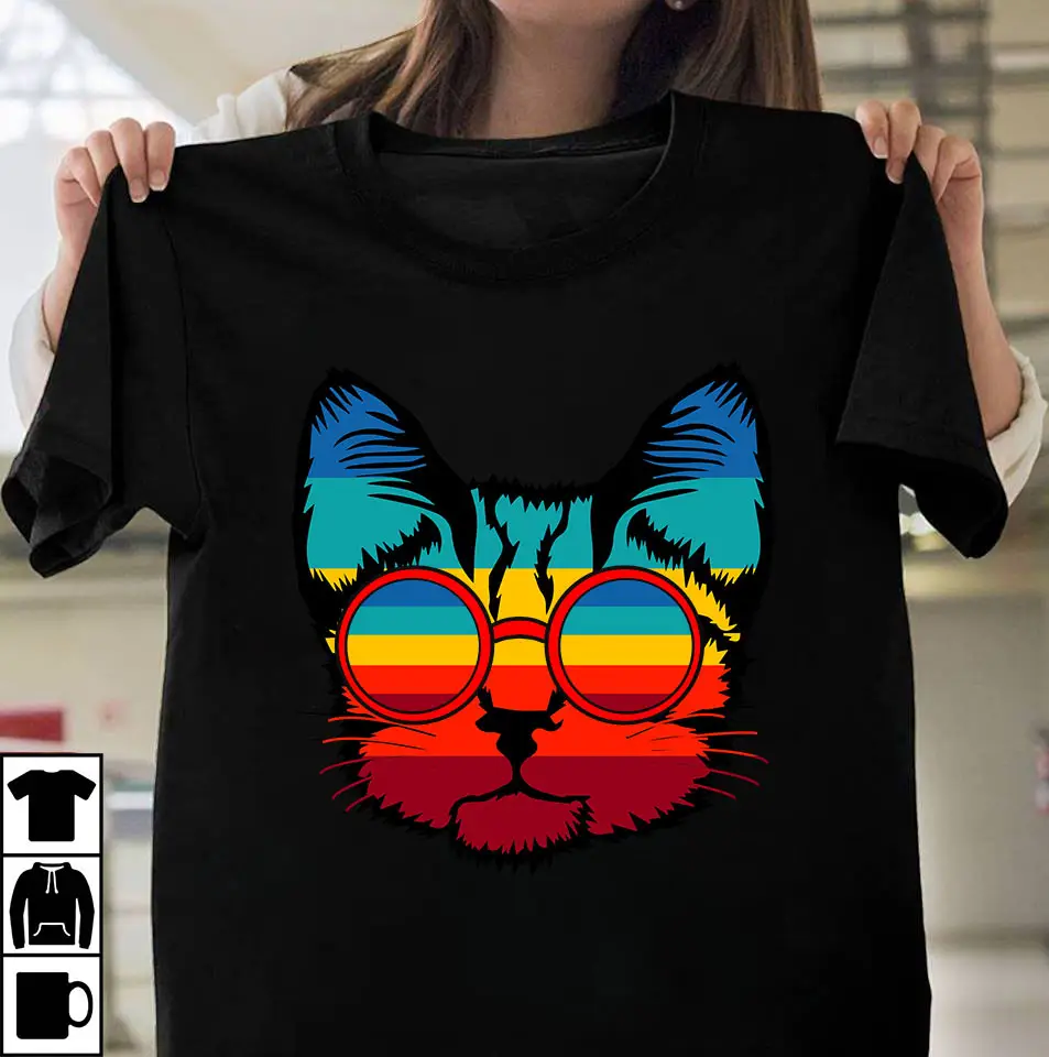 Cat Printed T-Shirt Black Women Men Short Sleeve