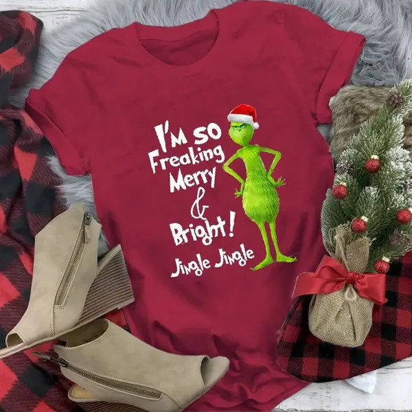 Christmas Grinch Printed T-Shirt Green Short Sleeve