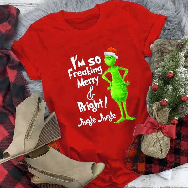 Christmas Grinch Printed T-Shirt Green Short Sleeve