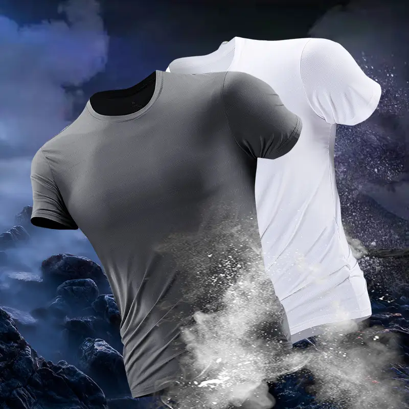 Men Ice Silk T-Shirt Elastic Quick-Drying Blue - Image 9