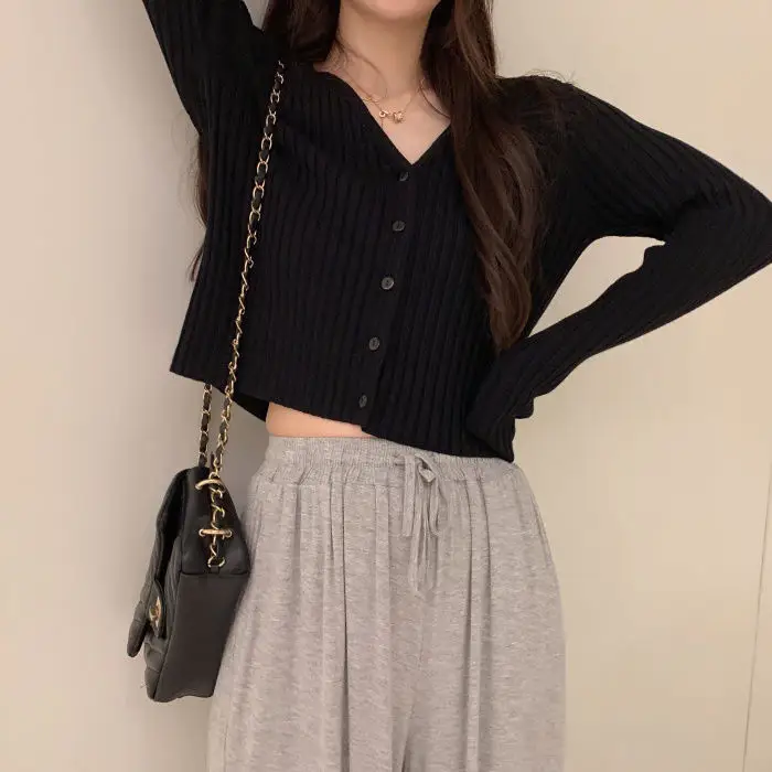Korean Style Slim Fit V Neck Knitted Top for Women