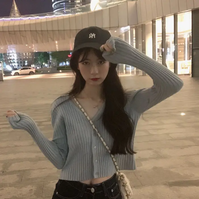 Korean Style Slim Fit V Neck Knitted Top for Women
