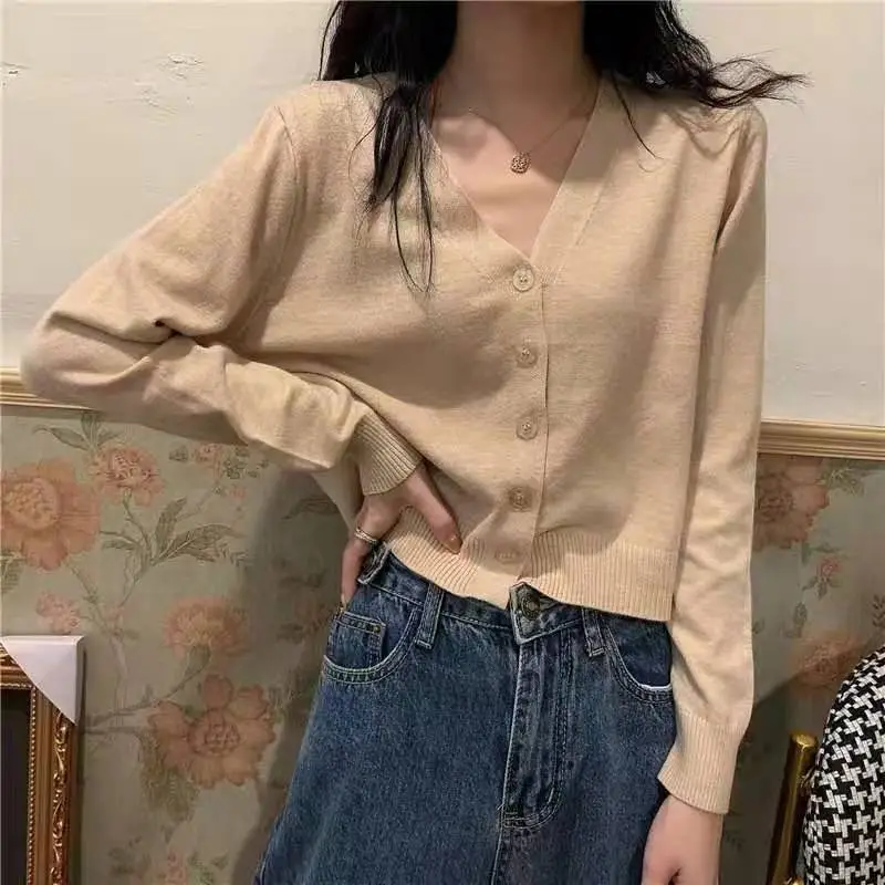 Blue V Neck Cardigan Long Sleeve Ice Silk Knit Women