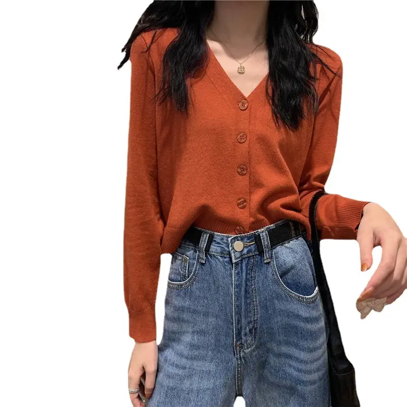 Blue V Neck Cardigan Long Sleeve Ice Silk Knit Women