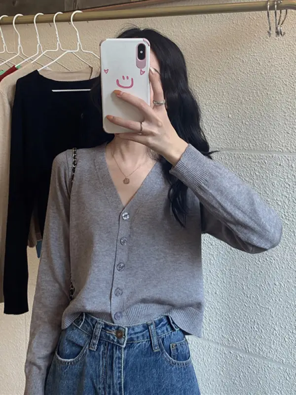 Blue V Neck Cardigan Long Sleeve Ice Silk Knit Women