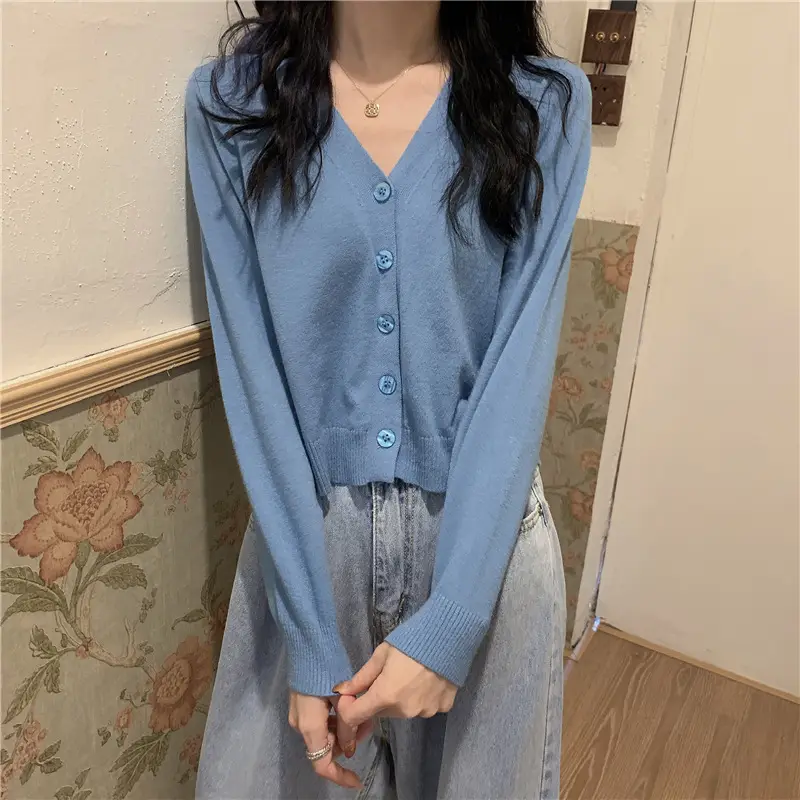 Blue V Neck Cardigan Long Sleeve Ice Silk Knit Women