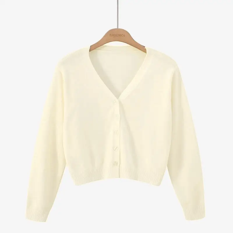 Blue V Neck Cardigan Long Sleeve Ice Silk Knit Women