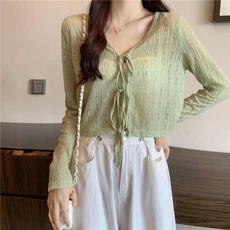 Women's Green Knitted V-Neck Shawl Jacket Summer Top