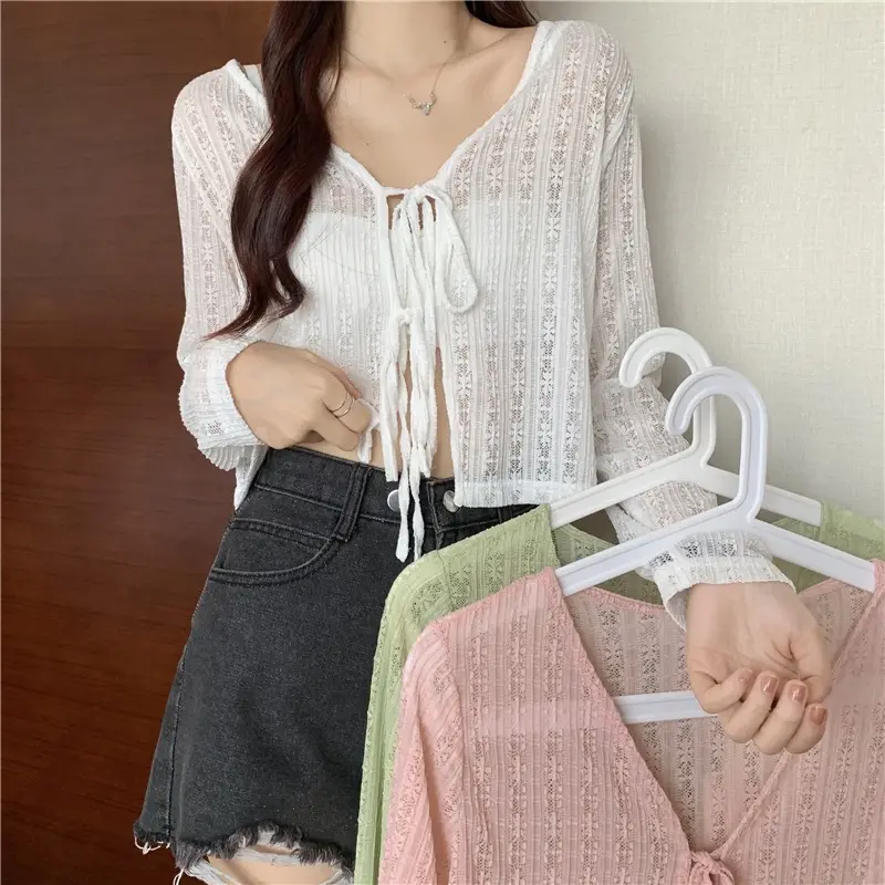 Women's Green Knitted V-Neck Shawl Jacket Summer Top