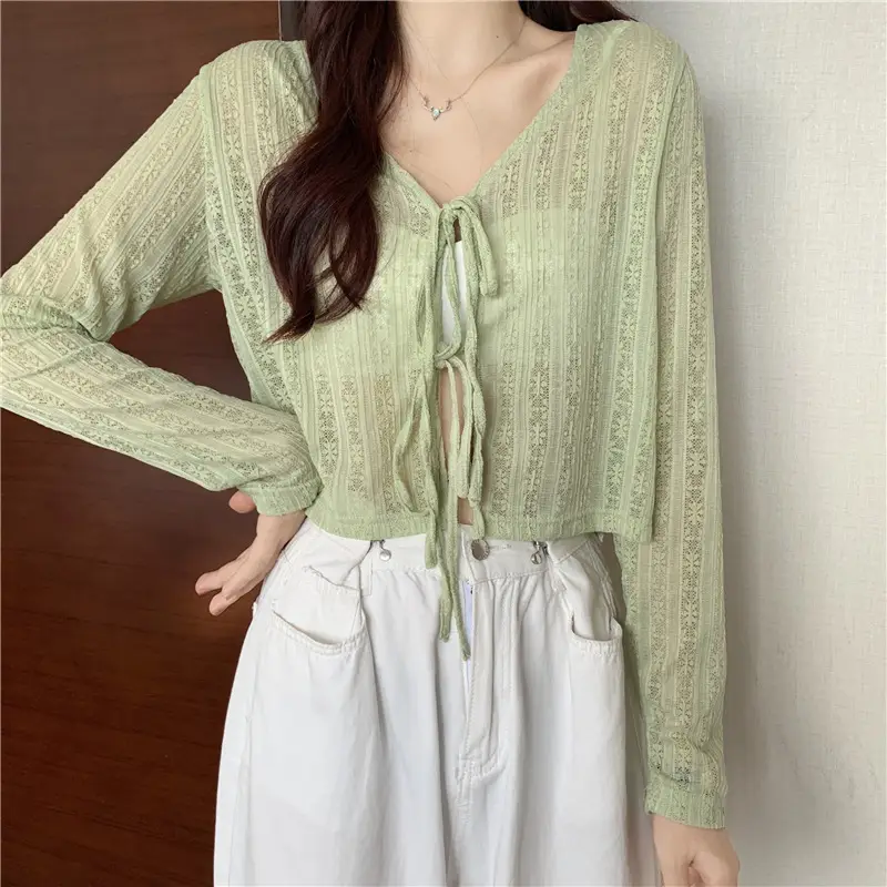 Women's Green Knitted V-Neck Shawl Jacket Summer Top