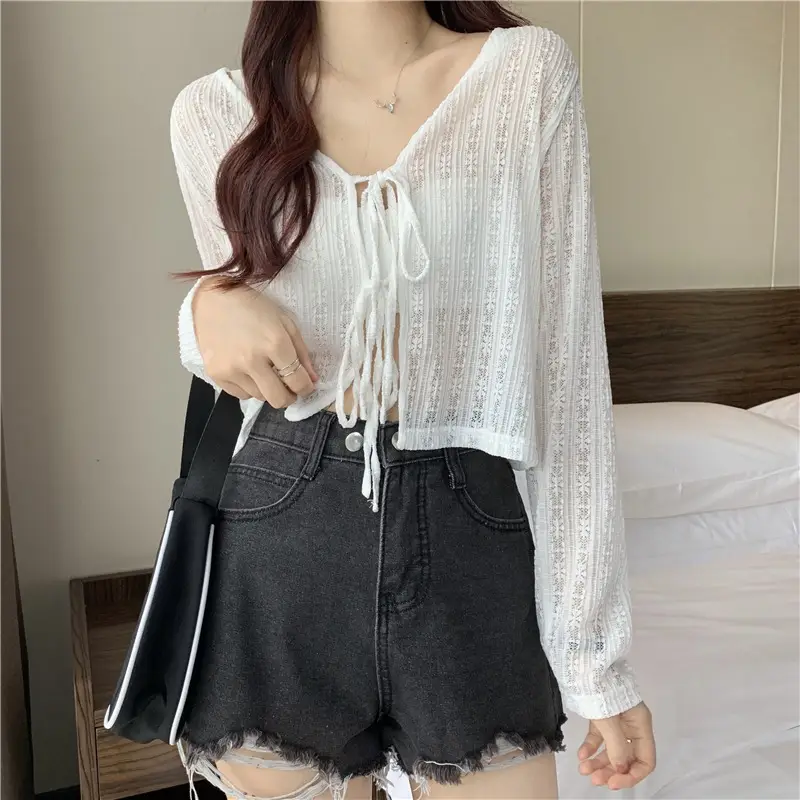 Women's Green Knitted V-Neck Shawl Jacket Summer Top