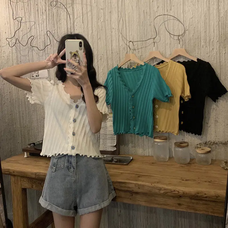 2025 Summer V-Neck Knit Short Top Yellow